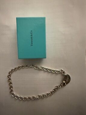 Tiffany & Co. Silver Link Necklace with Round Tag and Iconic Blue Box